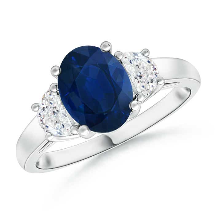 Oval Blue Sapphire and Half Moon Diamond Three Stone Ring Oval Blue Sapphire and Half Moon Diamond Three Stone Ring