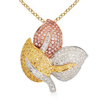 Round Natural Pink, Yellow and White Diamond Three Leaf Designer Pendant in Two Tone Gold in Pave Setting Round Natural Pink, Yellow and White Diamond Three Leaf Designer Pendant in Two Tone Gold in Pave Setting
